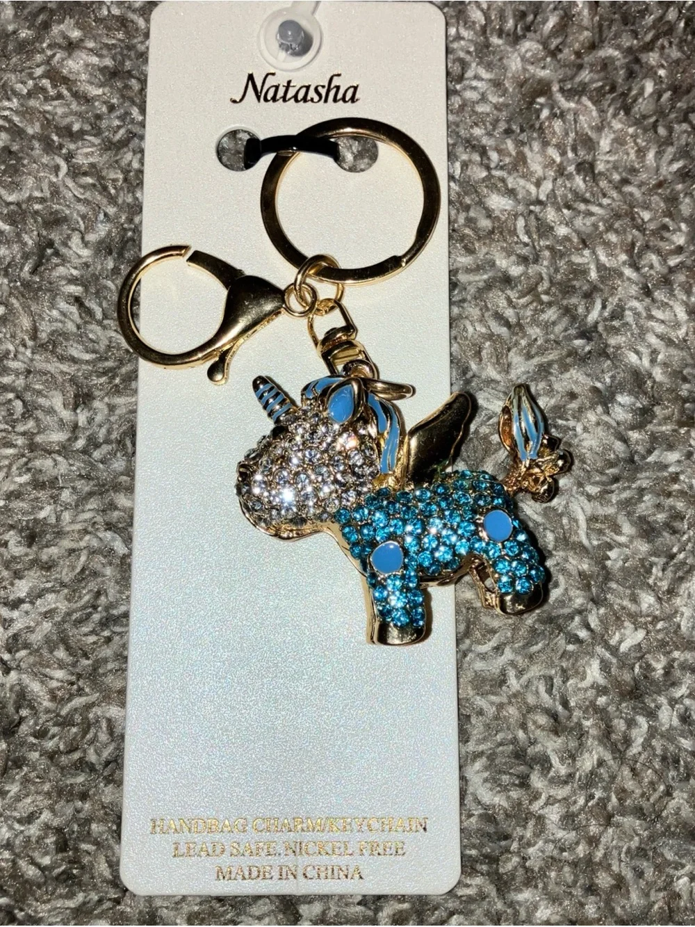 Natasha Couture Gold-Tone Blue Crystal Unicorn Bag Charm New